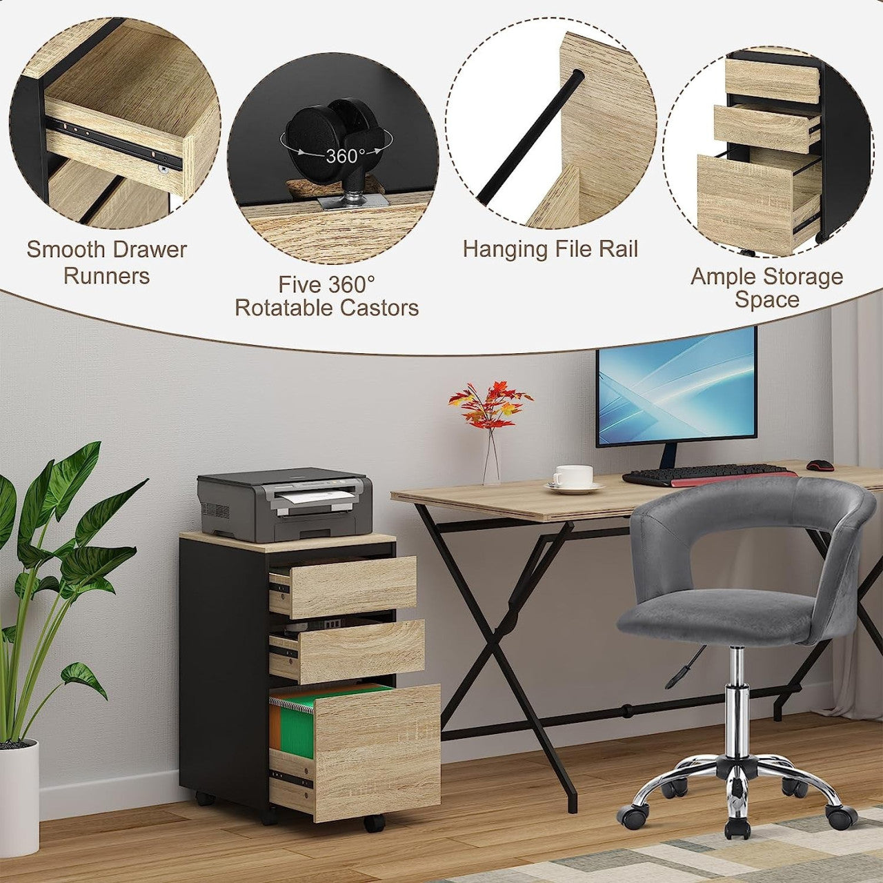 24goodz Mobile Filing Cabinet - Ample Storage Space - Durable and Stylish - E1 Wood - For Home and Office - Light Oak + Black