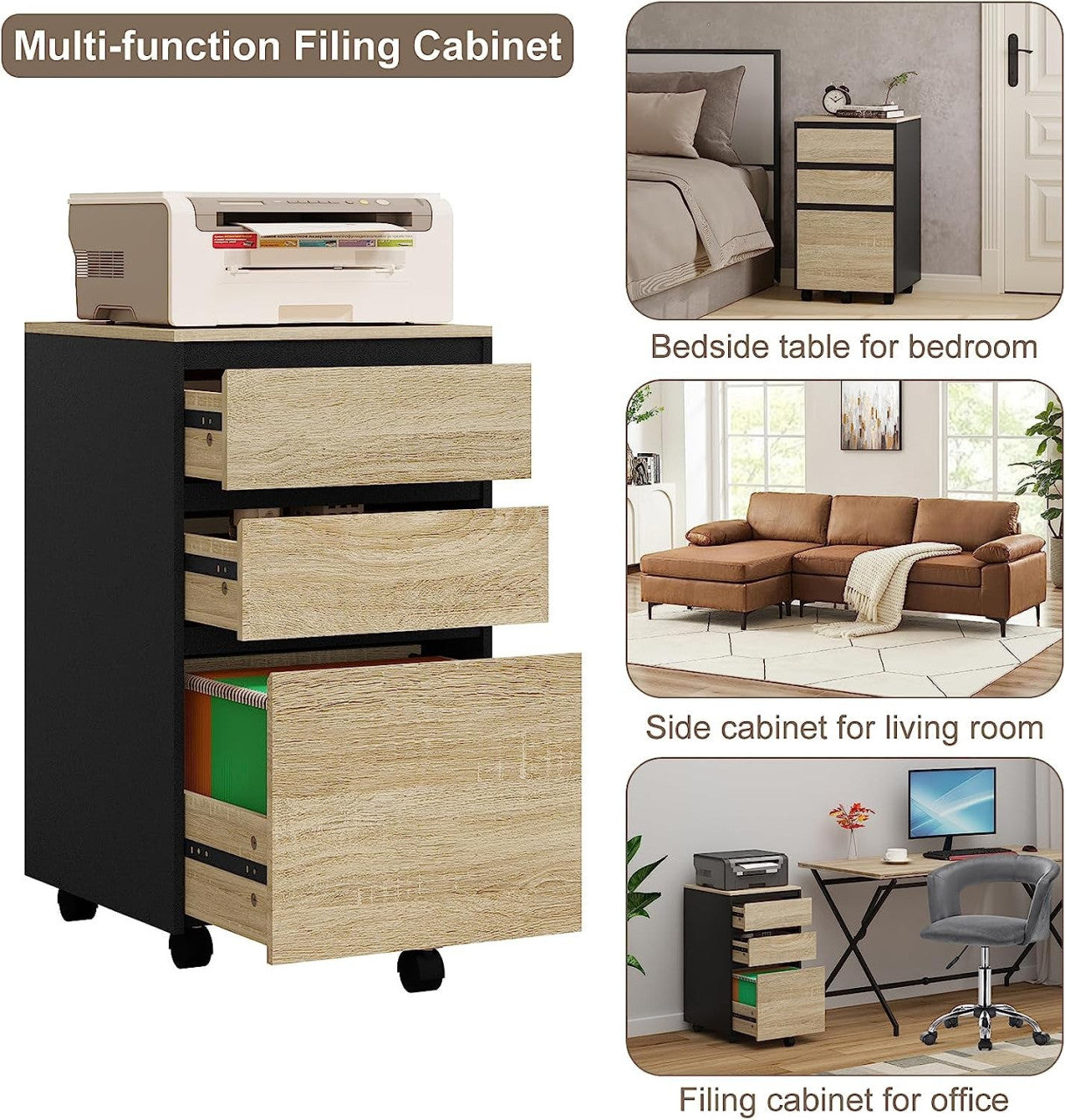 24goodz Mobile Filing Cabinet - Ample Storage Space - Durable and Stylish - E1 Wood - For Home and Office - Light Oak + Black