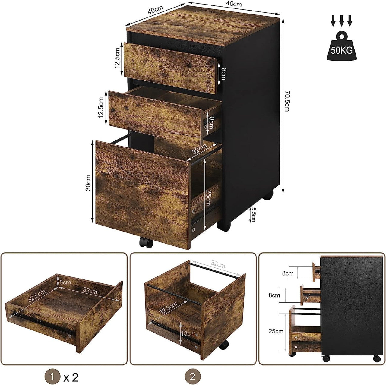 24goodz Rolling Archive Cabinet - Ample Storage Space - Easy to Move - E1 Wood Material - For Home and Office - Dark Oak + Black - hov
