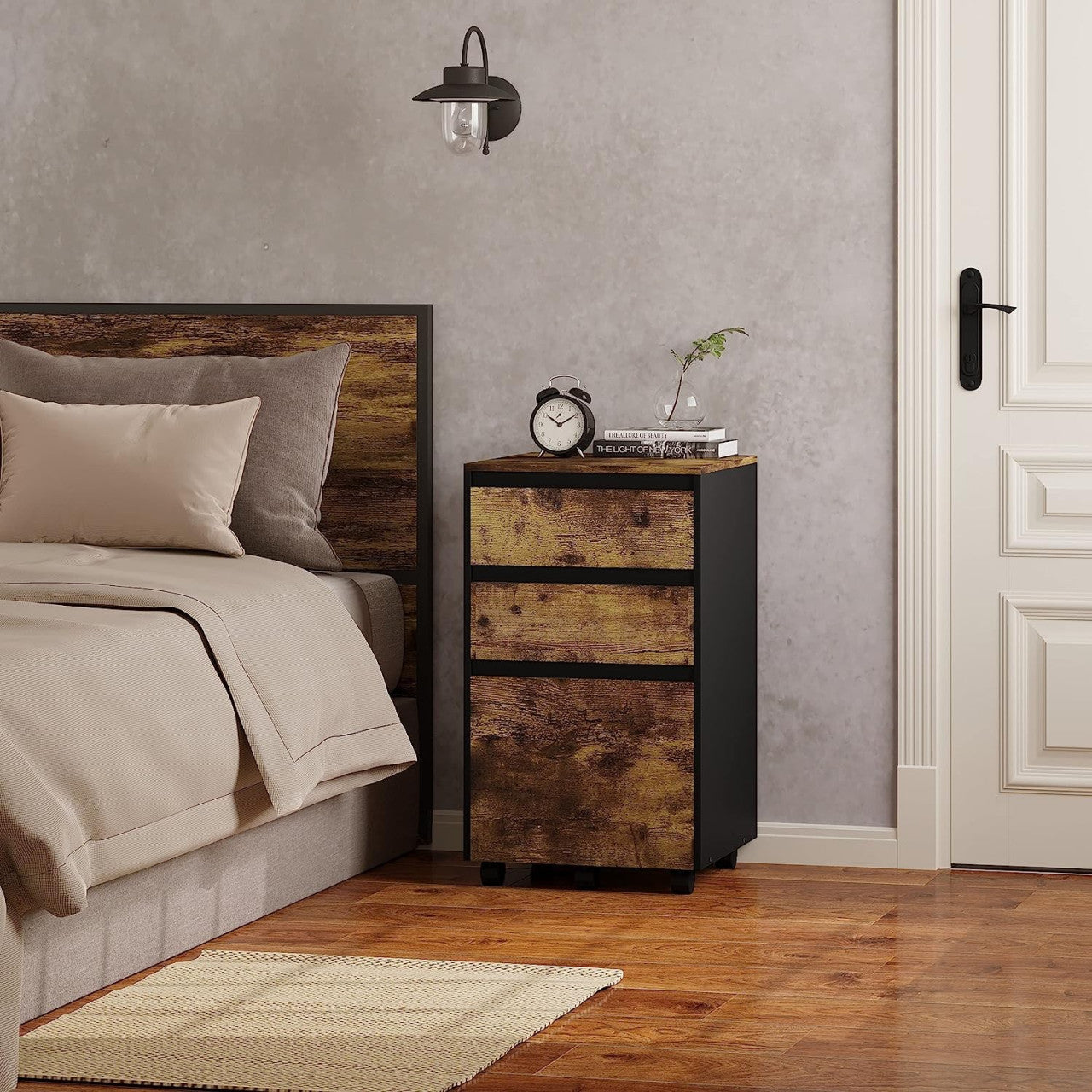 24goodz Rolling Archive Cabinet - Ample Storage Space - Easy to Move - E1 Wood Material - For Home and Office - Dark Oak + Black - hov