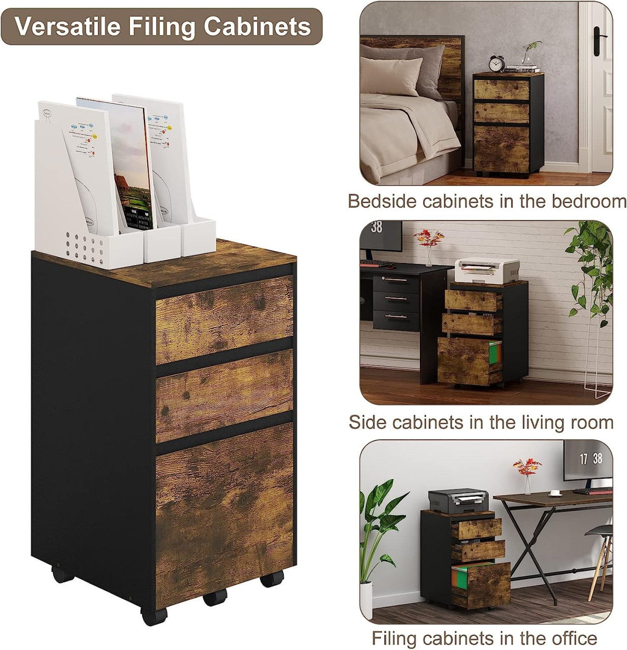 24goodz Rolling Archive Cabinet - Ample Storage Space - Easy to Move - E1 Wood Material - For Home and Office - Dark Oak + Black - hov