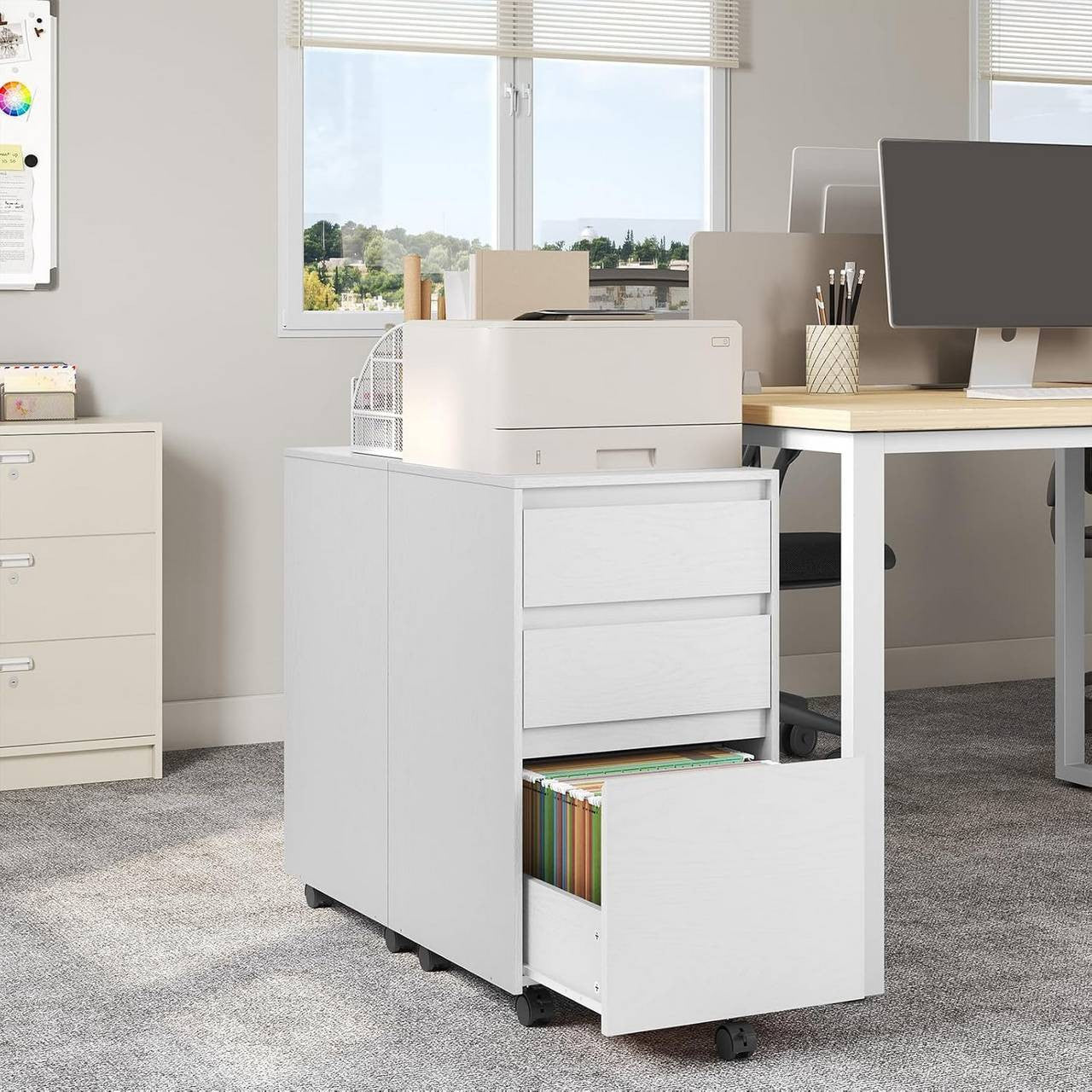 24goodz Mobile Filing Cabinet - Ample Storage Space - Easy to Move - E1 Wood - For Home and Office - White + Black