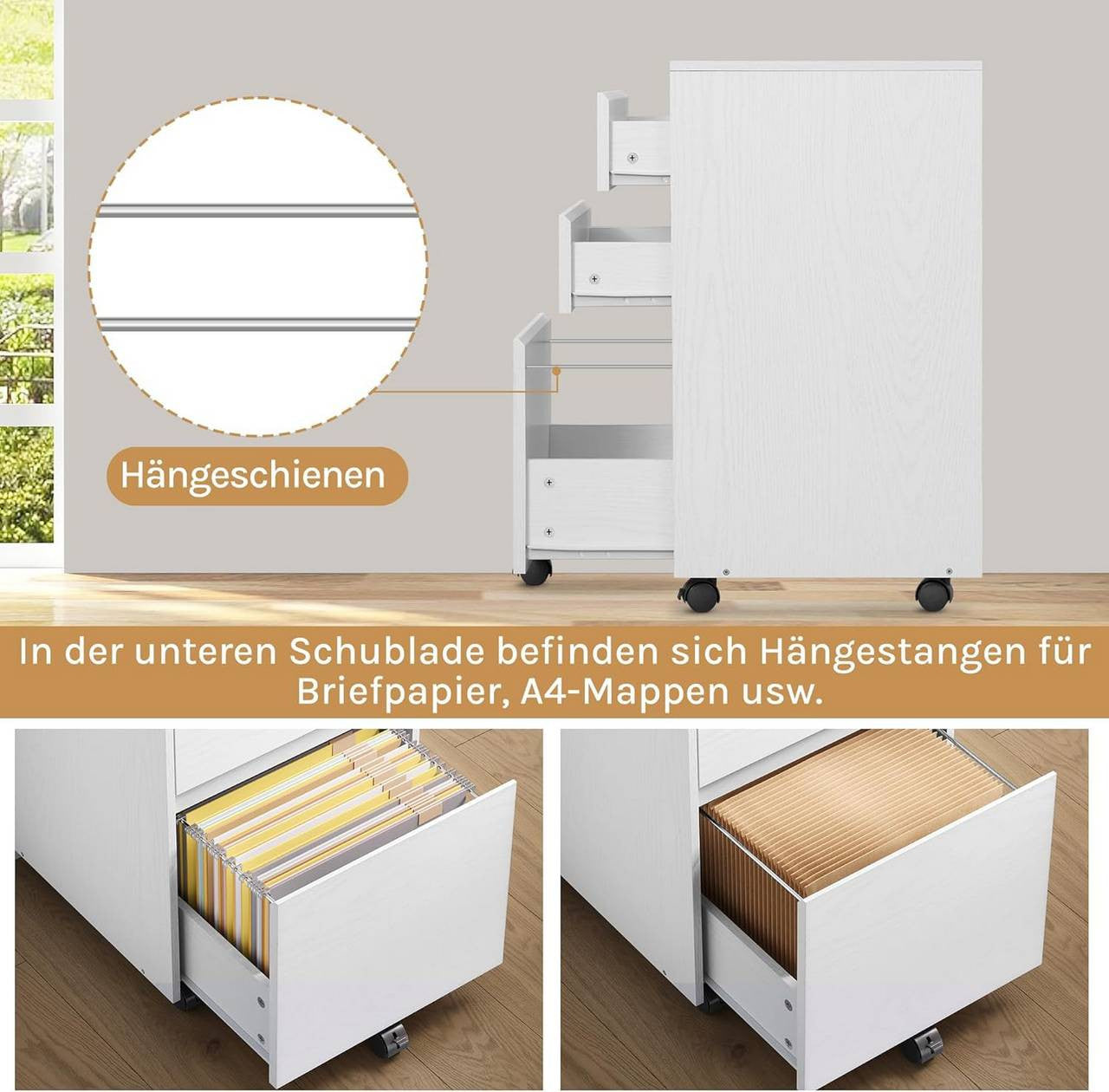 24goodz Mobile Filing Cabinet - Ample Storage Space - Easy to Move - E1 Wood - For Home and Office - White + Black