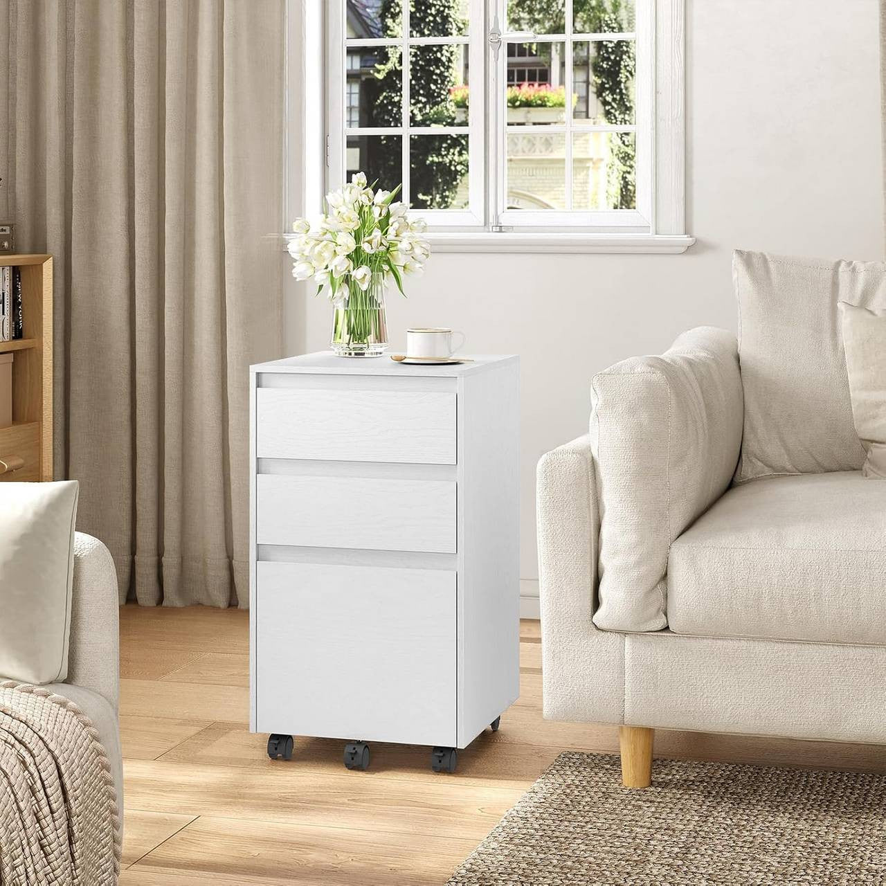24goodz Mobile Filing Cabinet - Ample Storage Space - Easy to Move - E1 Wood - For Home and Office - White + Black