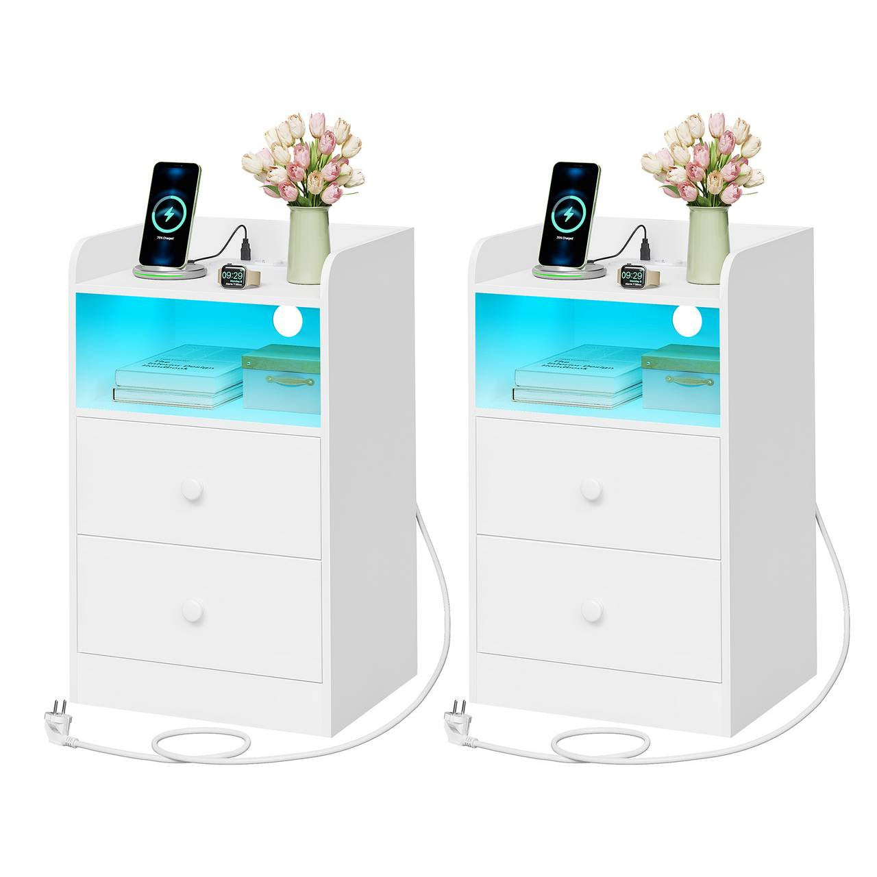 24goodz Nightstand with Charging Function - Adjustable LED Light - E1 Wood - For Bedroom and Living Room - White
