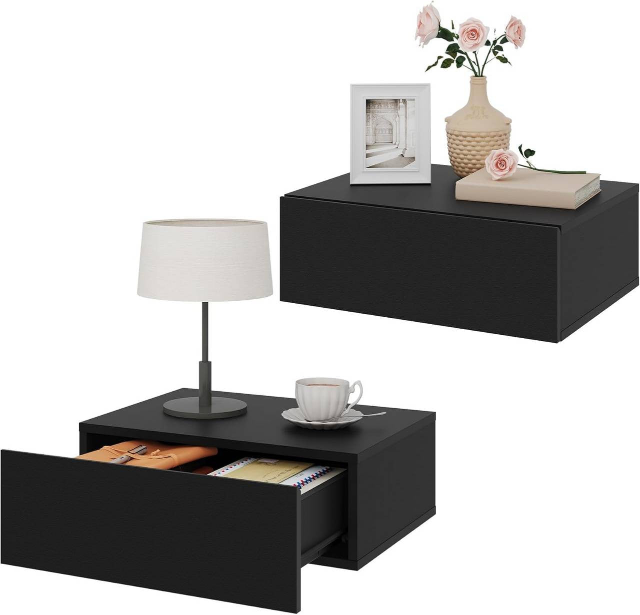 24goodz Set of 2 Floating Nightstands - Space-Saving Design - Durable MDF - For Bedroom or Living Room - Black - 40 x 30 x 14 cm
