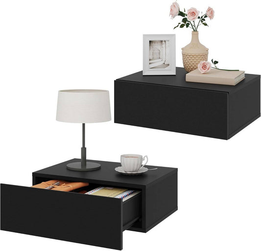 24goodz Set of 2 Floating Nightstands - Space-Saving Design - Durable MDF - For Bedroom or Living Room - Black - 40 x 30 x 14 cm