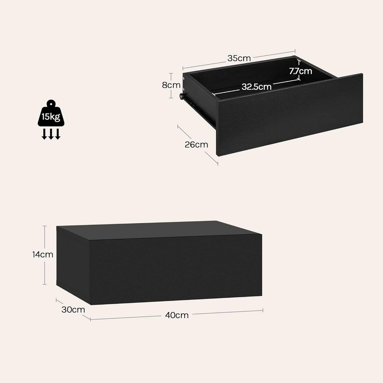 24goodz Set of 2 Floating Nightstands - Space-Saving Design - Durable MDF - For Bedroom or Living Room - Black - 40 x 30 x 14 cm