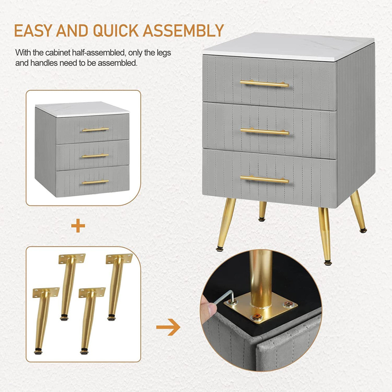 24goodz Nightstand with 3 Spacious Drawers - Elegant Design - MDF and Metal - For Bedroom and Living Room - Grey