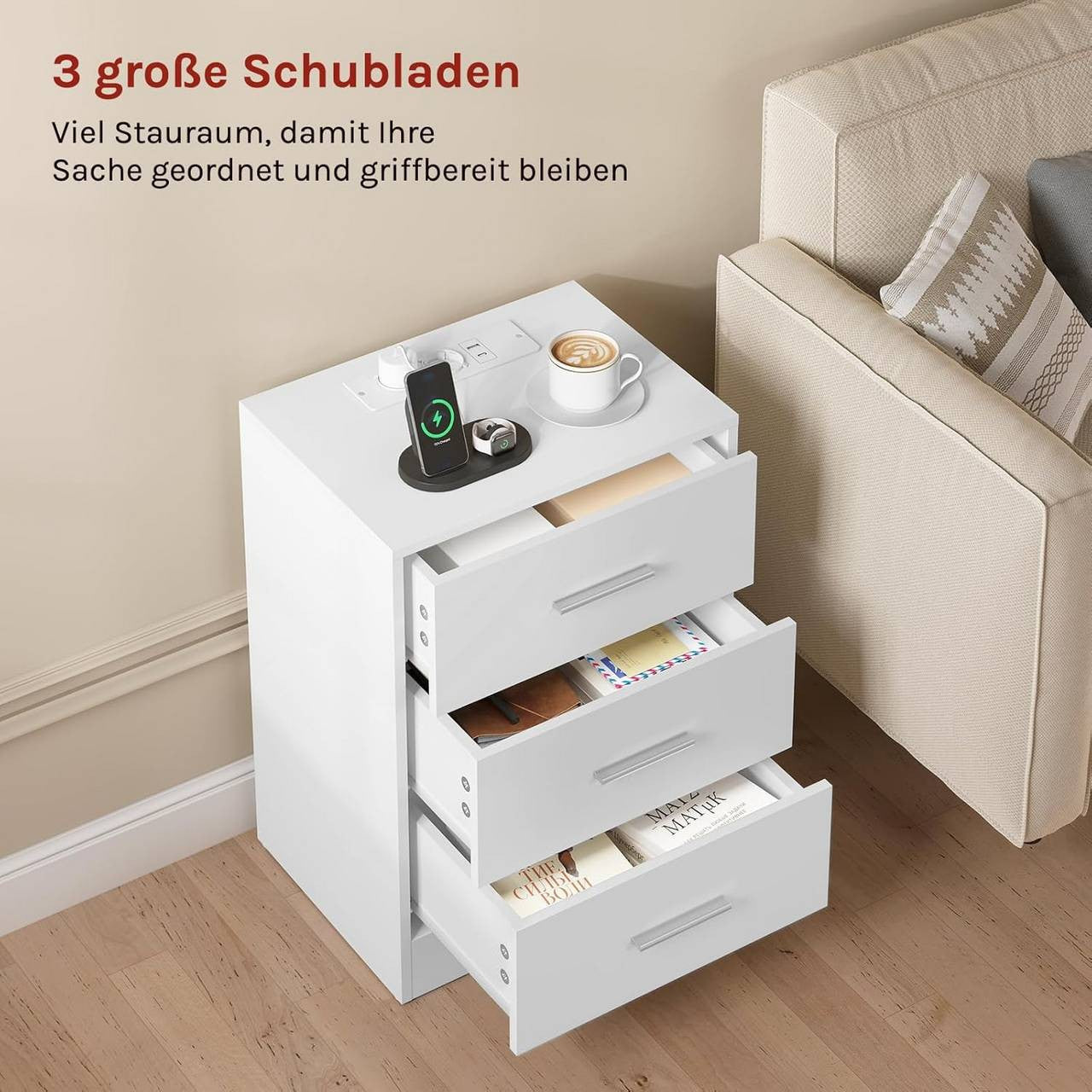 24goodz Nightstand with Charging Station - Versatile Use - E1-Class MDF - For Bedroom or Living Room - White/Black