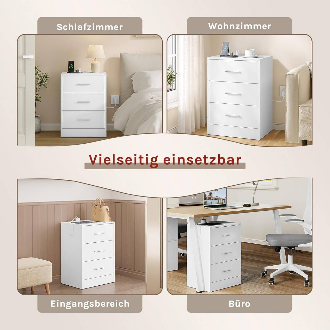 24goodz Nightstand with Charging Station - Versatile Use - E1-Class MDF - For Bedroom or Living Room - White/Black