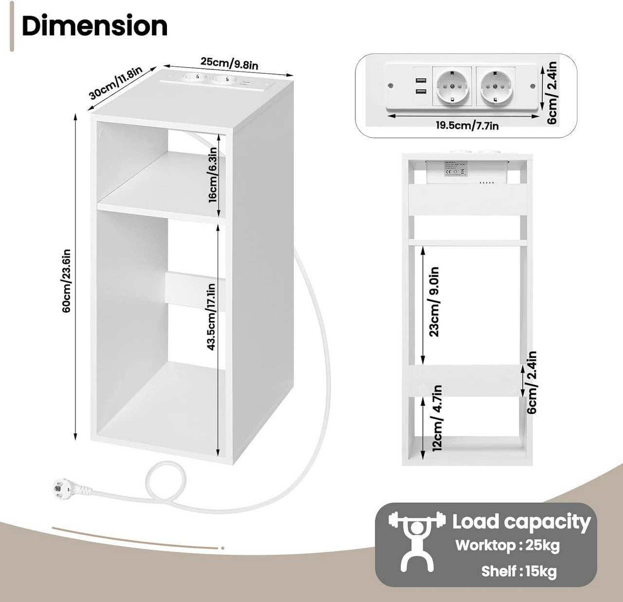 24goodz Nightstand with Charging Function - Spacious Storage - E1 Wood Material - For Bedrooms and Living Rooms - White