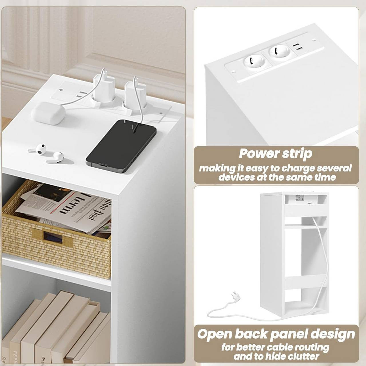 24goodz Nightstand with Charging Function - Spacious Storage - E1 Wood Material - For Bedrooms and Living Rooms - White