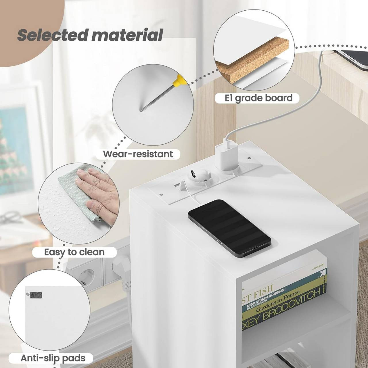 24goodz Nightstand with Charging Function - Spacious Storage - E1 Wood Material - For Bedrooms and Living Rooms - White