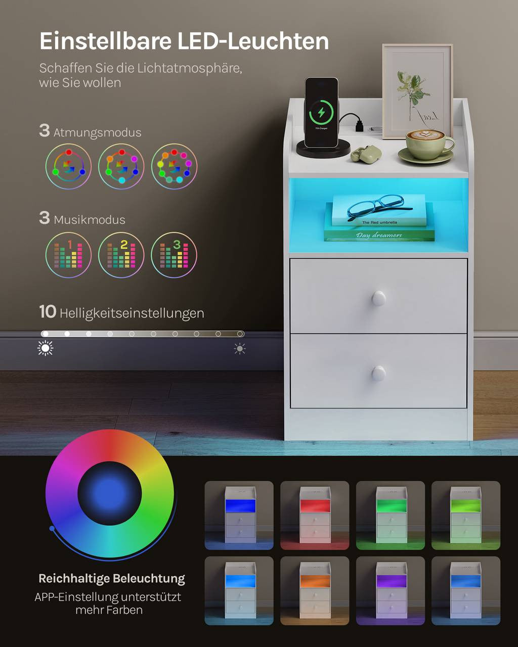 24goodz Nightstand with Charging Function - Adjustable LED Light - E1 Wood - For Bedroom and Living Room - White