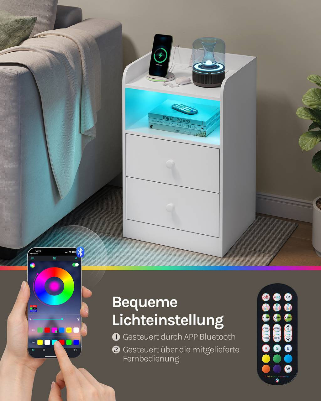 24goodz Nightstand with Charging Function - Adjustable LED Light - E1 Wood - For Bedroom and Living Room - White