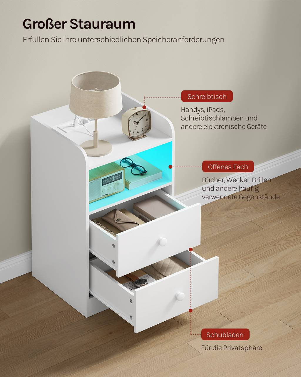 24goodz Nightstand with Charging Function - Adjustable LED Light - E1 Wood - For Bedroom and Living Room - White