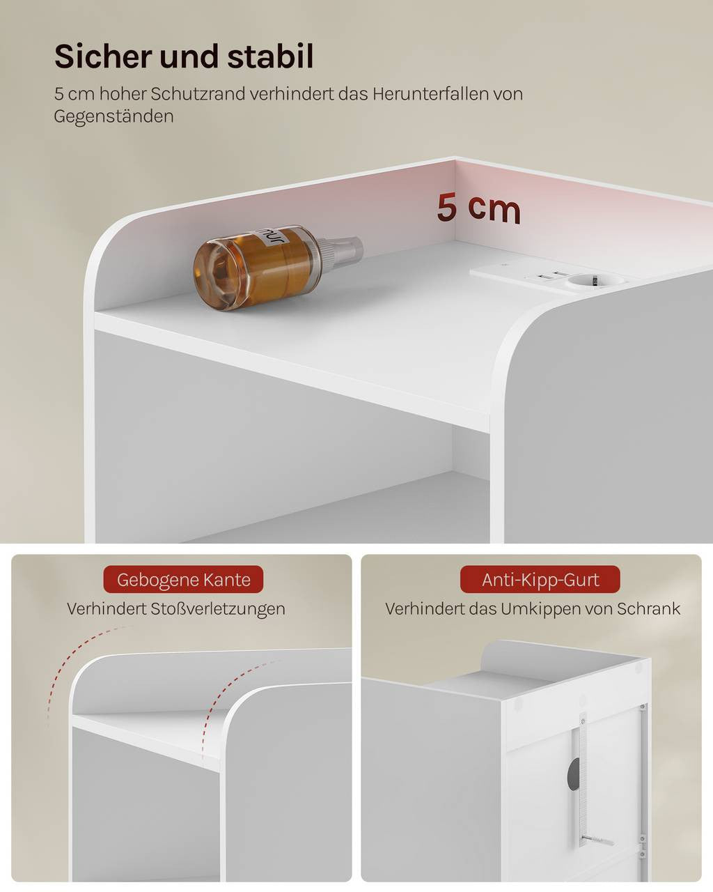 24goodz Nightstand with Charging Function - Adjustable LED Light - E1 Wood - For Bedroom and Living Room - White