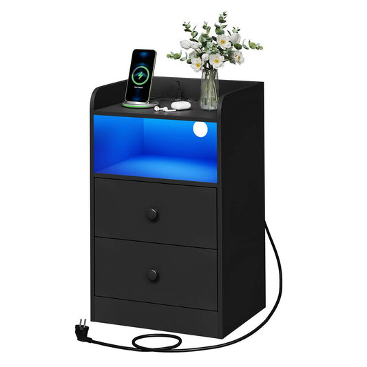 24goodz Nightstand with Charging Function - Adjustable LED Light - E1 Wood - For Bedroom and Living Room - Black