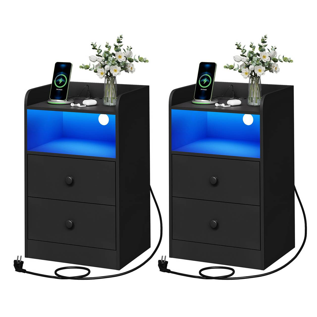 24goodz Nightstand with Charging Function - Adjustable LED Light - E1 Wood - For Bedroom and Living Room - Black