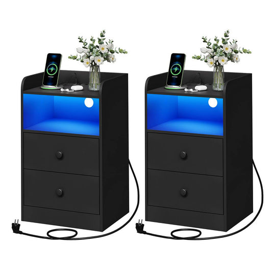 24goodz Nightstand with Charging Function - Adjustable LED Light - E1 Wood - For Bedroom and Living Room - Black