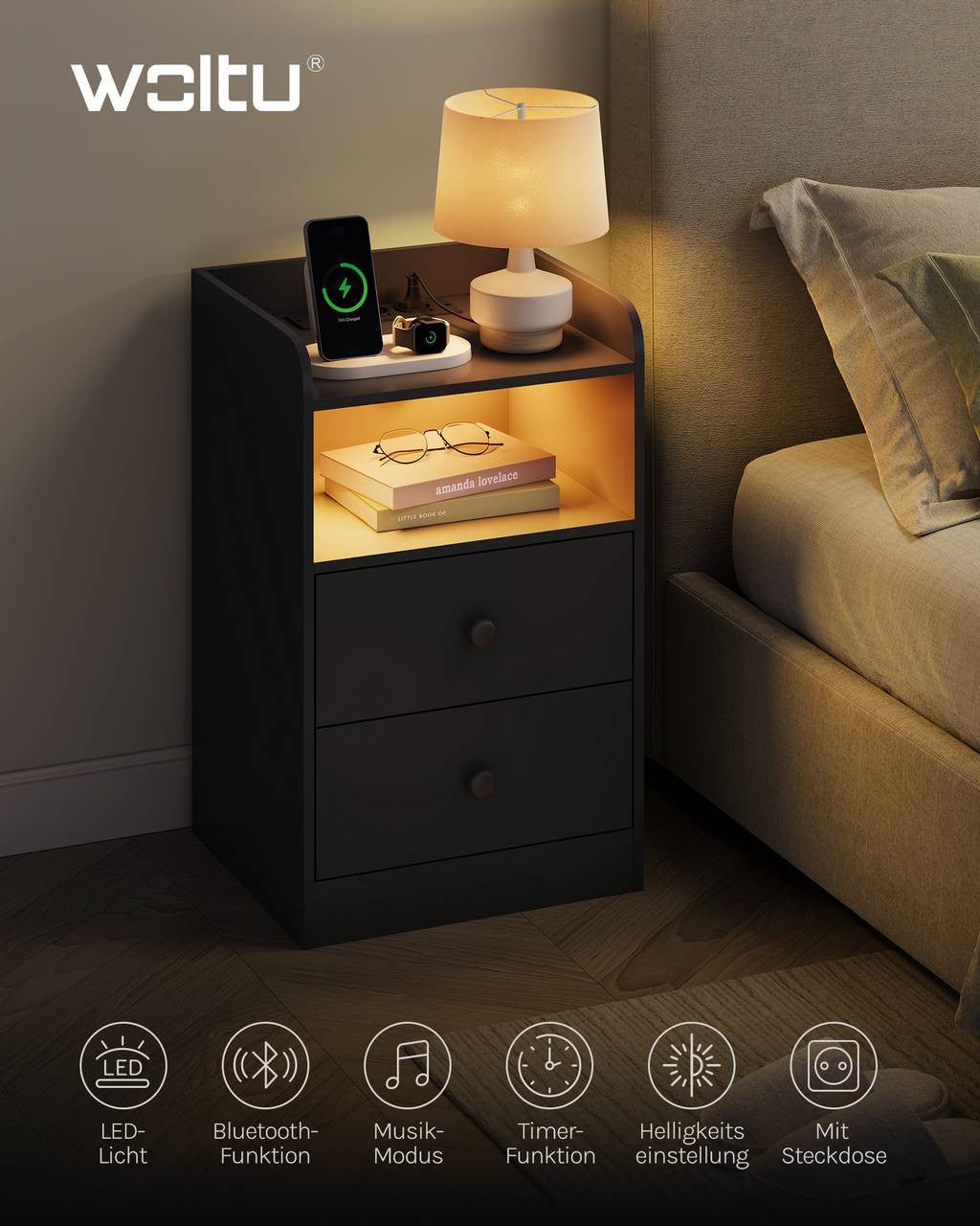24goodz Nightstand with Charging Function - Adjustable LED Light - E1 Wood - For Bedroom and Living Room - Black