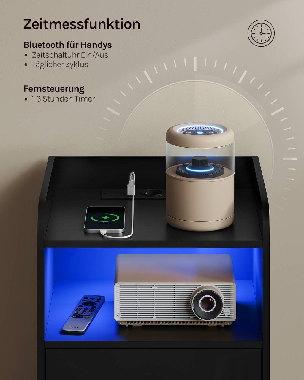 24goodz Nightstand with Charging Function - Adjustable LED Light - E1 Wood - For Bedroom and Living Room - Black