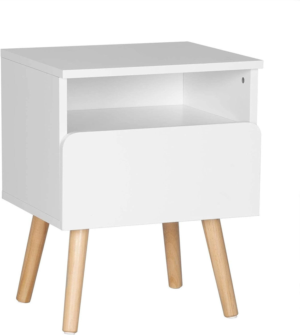 24goodz Nightstand with Drawer and Open Compartment - Space-saving Design - Durable MDF and Solid Wood - For Bedroom and Living Room - White + Wood Colour - ws
