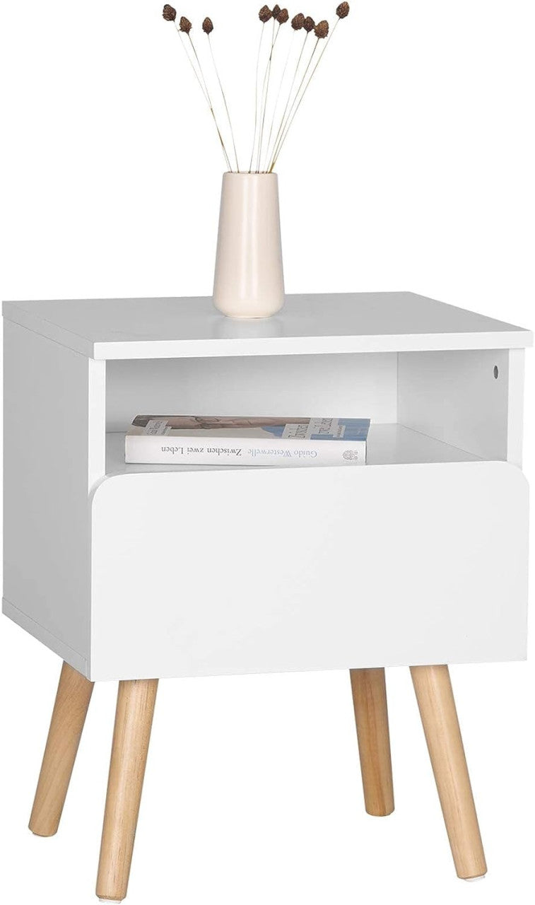 24goodz Nightstand with Drawer and Open Compartment - Space-saving Design - Durable MDF and Solid Wood - For Bedroom and Living Room - White + Wood Colour - ws