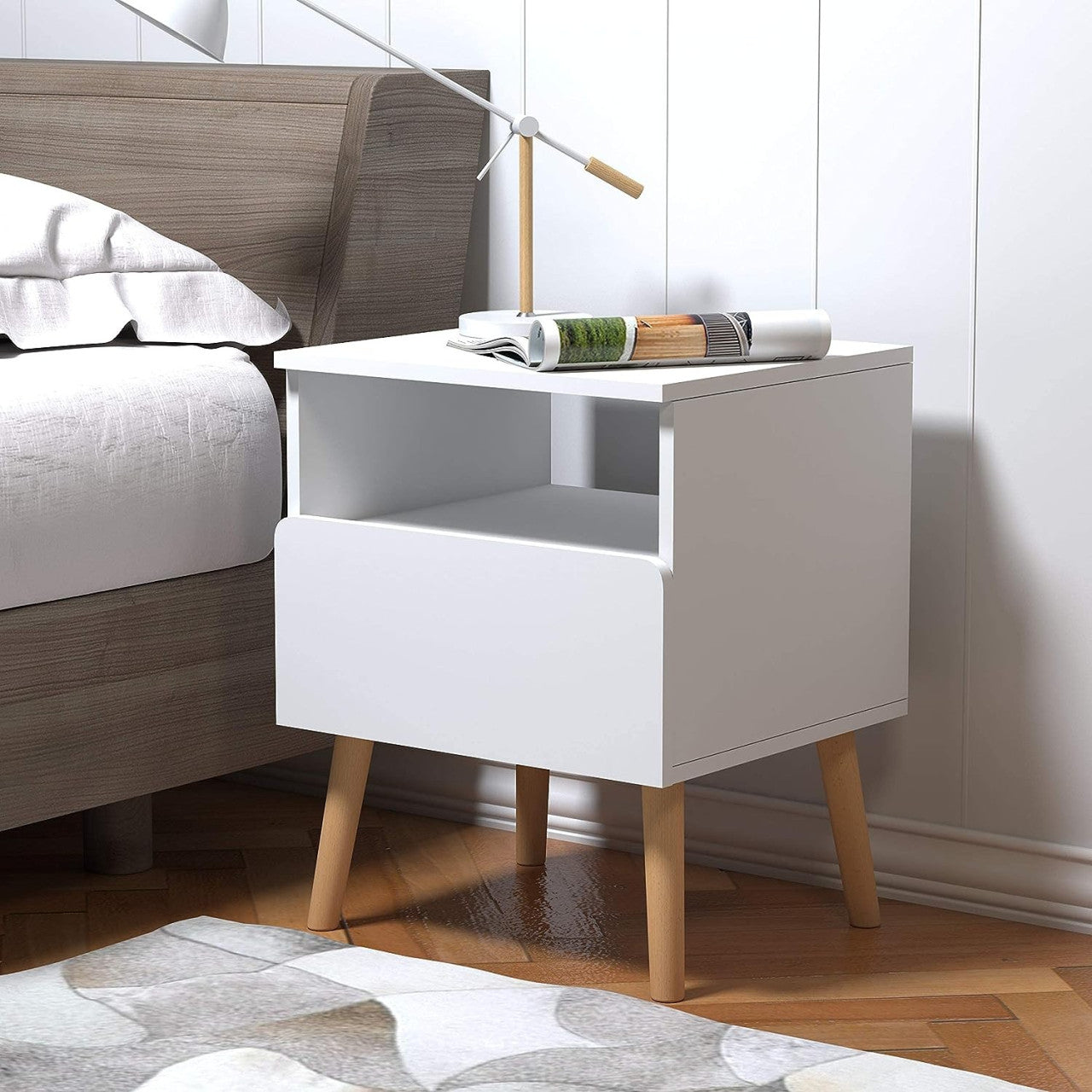 24goodz Nightstand with Drawer and Open Compartment - Space-Saving Design - MDF and Solid Wood - For Bedroom or Living Room - White and Wood Colour - ws