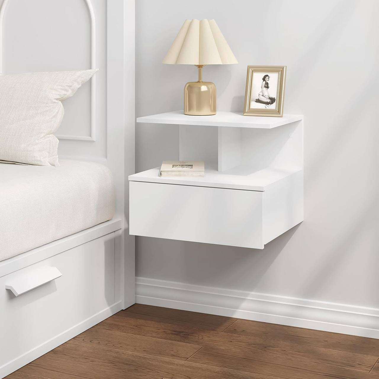24goodz Wall-Mounted Nightstand - Space-Saving Design - Durable E1 Wood - For Modern Living - White