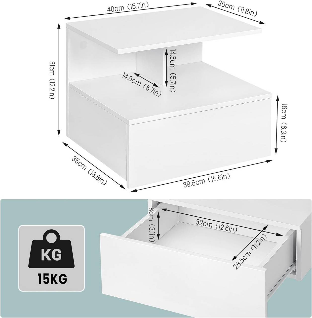 24goodz Wall-Mounted Nightstand - Space-Saving Design - Durable E1 Wood - For Modern Living - White