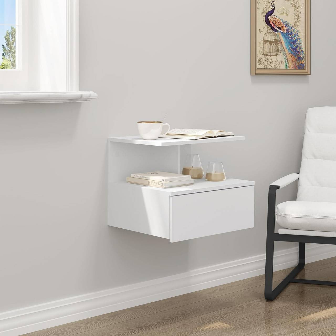 24goodz Wall-Mounted Nightstand - Space-Saving Design - Durable E1 Wood - For Modern Living - White