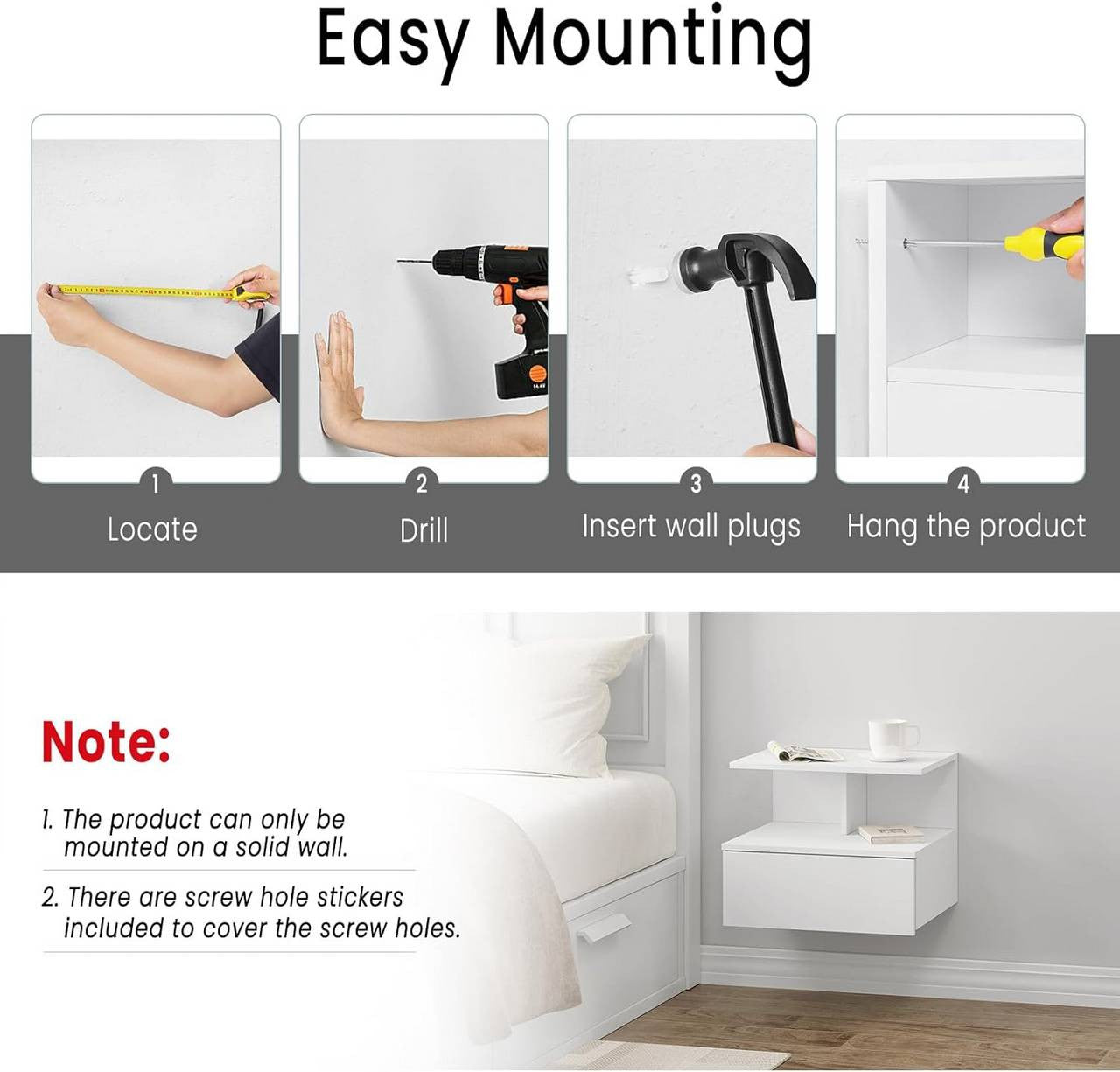 24goodz Wall-Mounted Nightstand - Space-Saving Design - Minimalist Style - E1 Wood Material - White