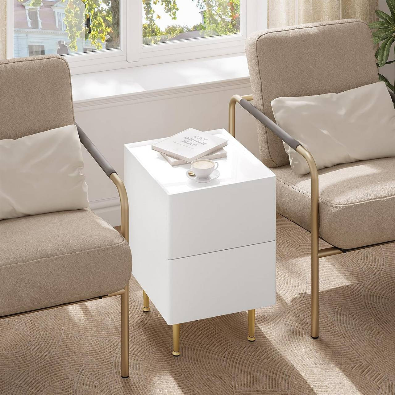 24goodz Nightstand with 2 Drawers - Ample Storage Space - Modern Design - MDF + Solid Wood - White + Gold - 35x51x40 cm
