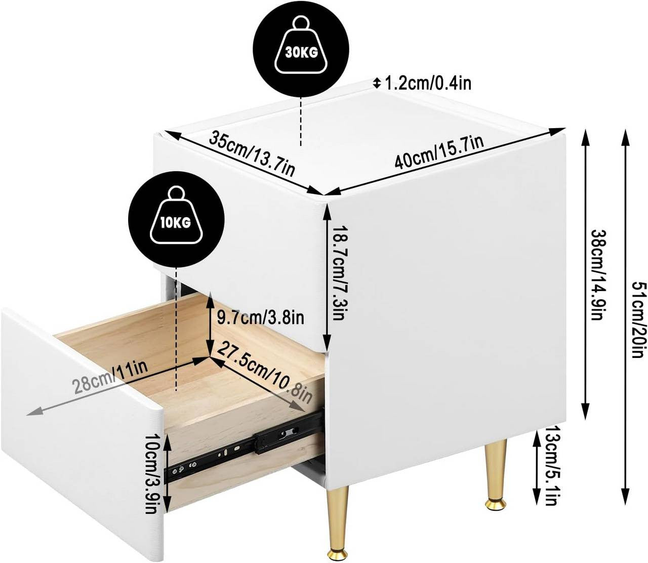 24goodz Nightstand with 2 Drawers - Ample Storage Space - Modern Design - MDF + Solid Wood - White + Gold - 35x51x40 cm