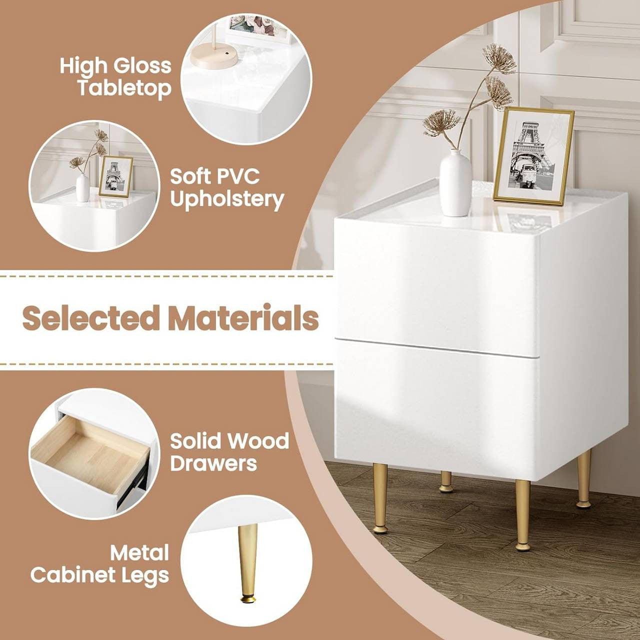 24goodz Nightstand with 2 Drawers - Ample Storage Space - Modern Design - MDF + Solid Wood - White + Gold - 35x51x40 cm