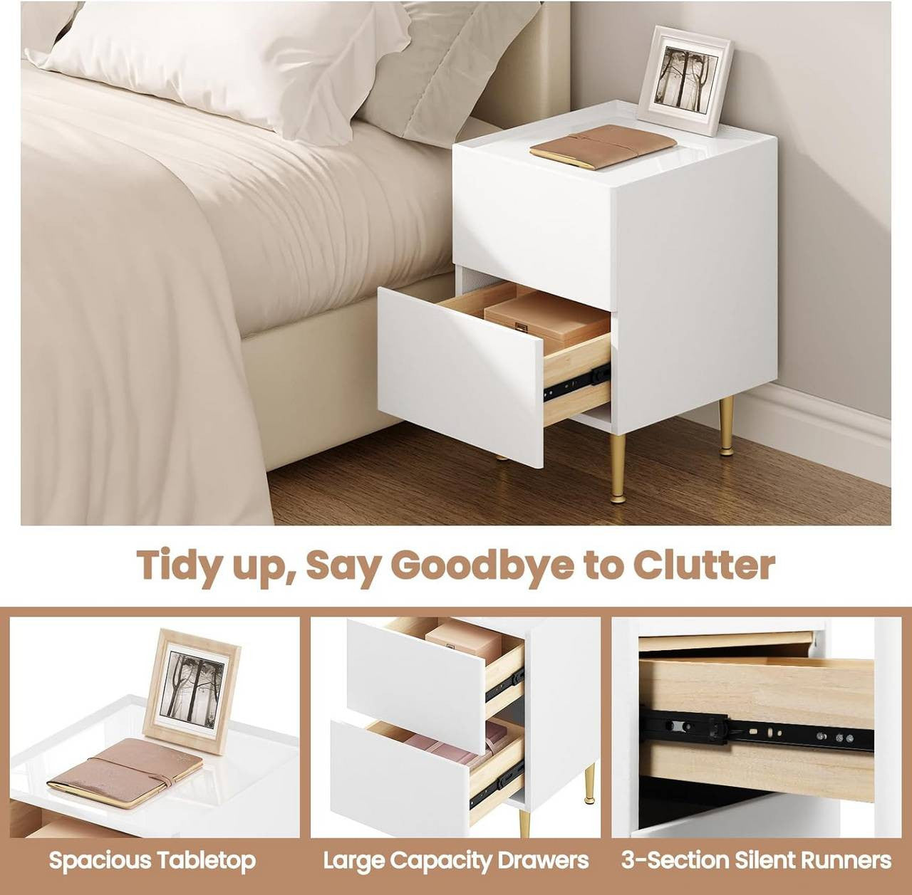 24goodz Nightstand with 2 Drawers - Ample Storage Space - Robust & Stable - MDF + Solid Wood - White + Gold - 35x51x40 cm