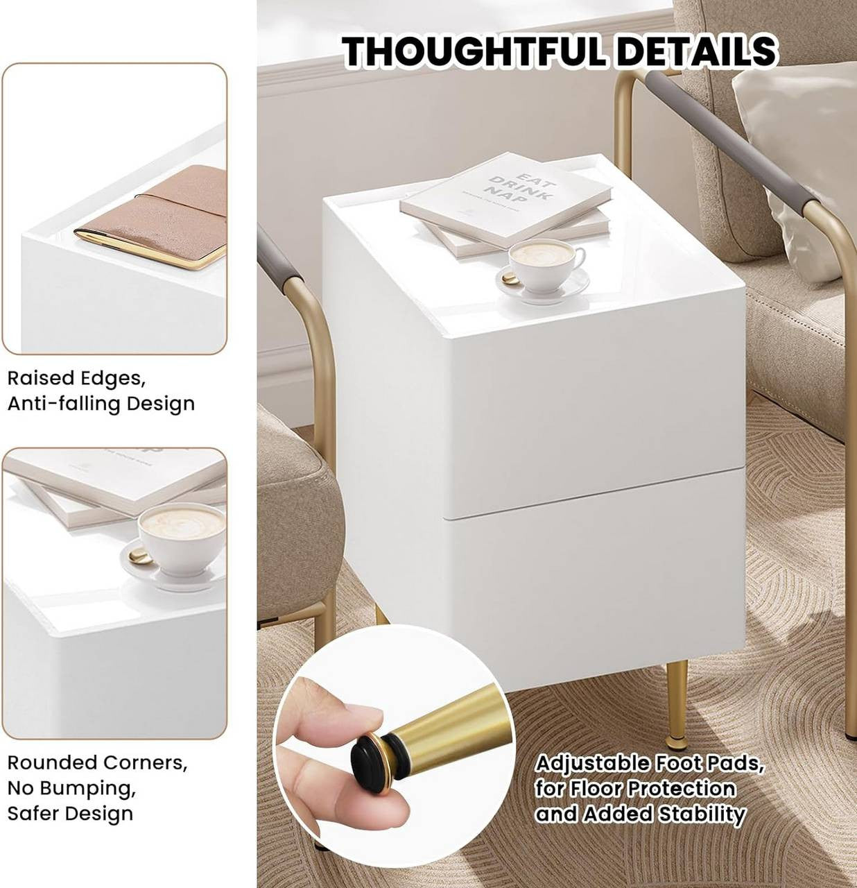 24goodz Nightstand with 2 Drawers - Ample Storage Space - Robust & Stable - MDF + Solid Wood - White + Gold - 35x51x40 cm