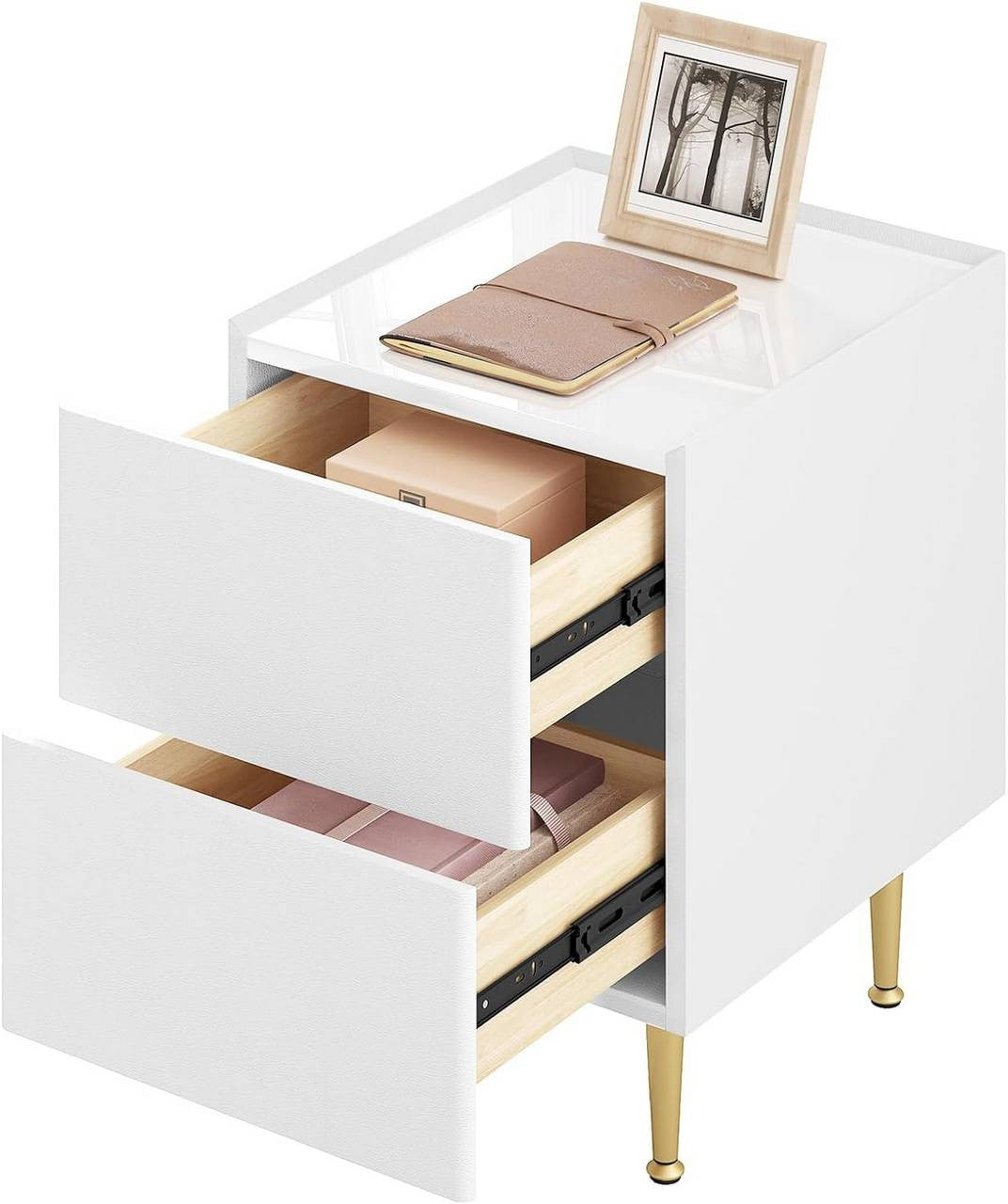 24goodz Nightstand with 2 Drawers - Ample Storage Space - Modern Design - MDF + Solid Wood - White + Gold - 35x51x40 cm