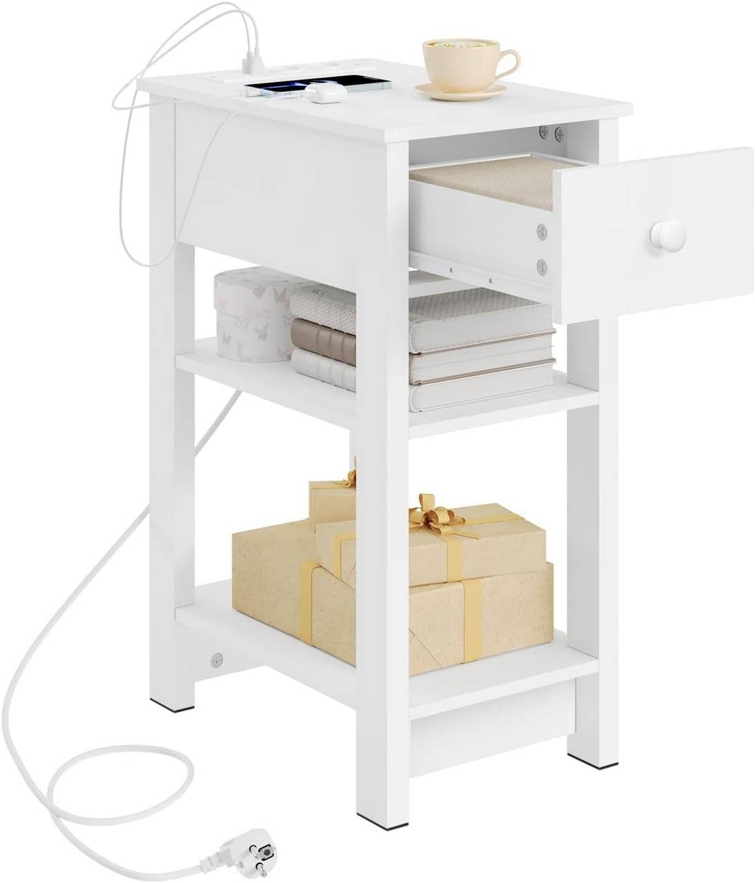 24goodz Nightstand with Charging Function - Space-Saving Design - E1 Wood Material - For Everyone - White - 30x65x45 cm