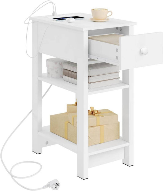 24goodz Nightstand with Charging Function - Space-Saving Design - E1 Wood Material - For Everyone - White - 30x65x45 cm