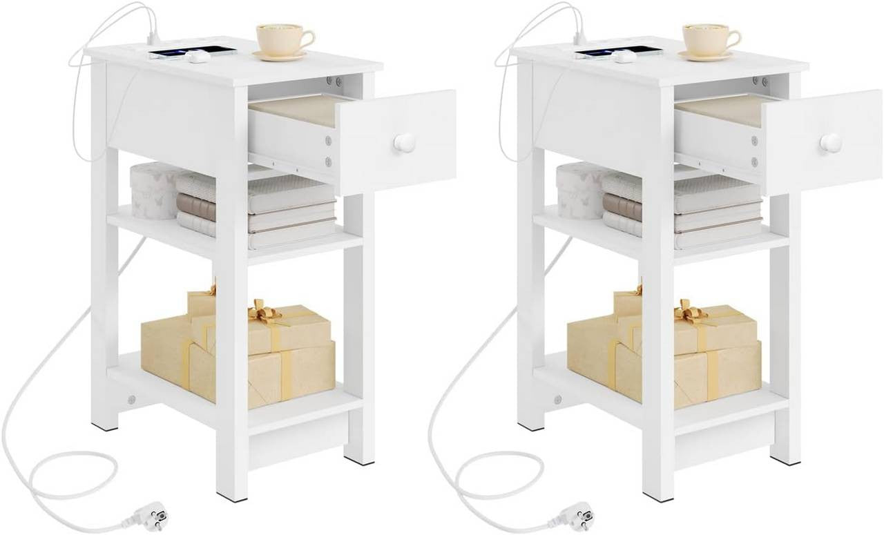 24goodz Nightstand with Charging Function - Space-Saving Design - E1 Wood Material - For All Rooms - White - 30x65x45 cm