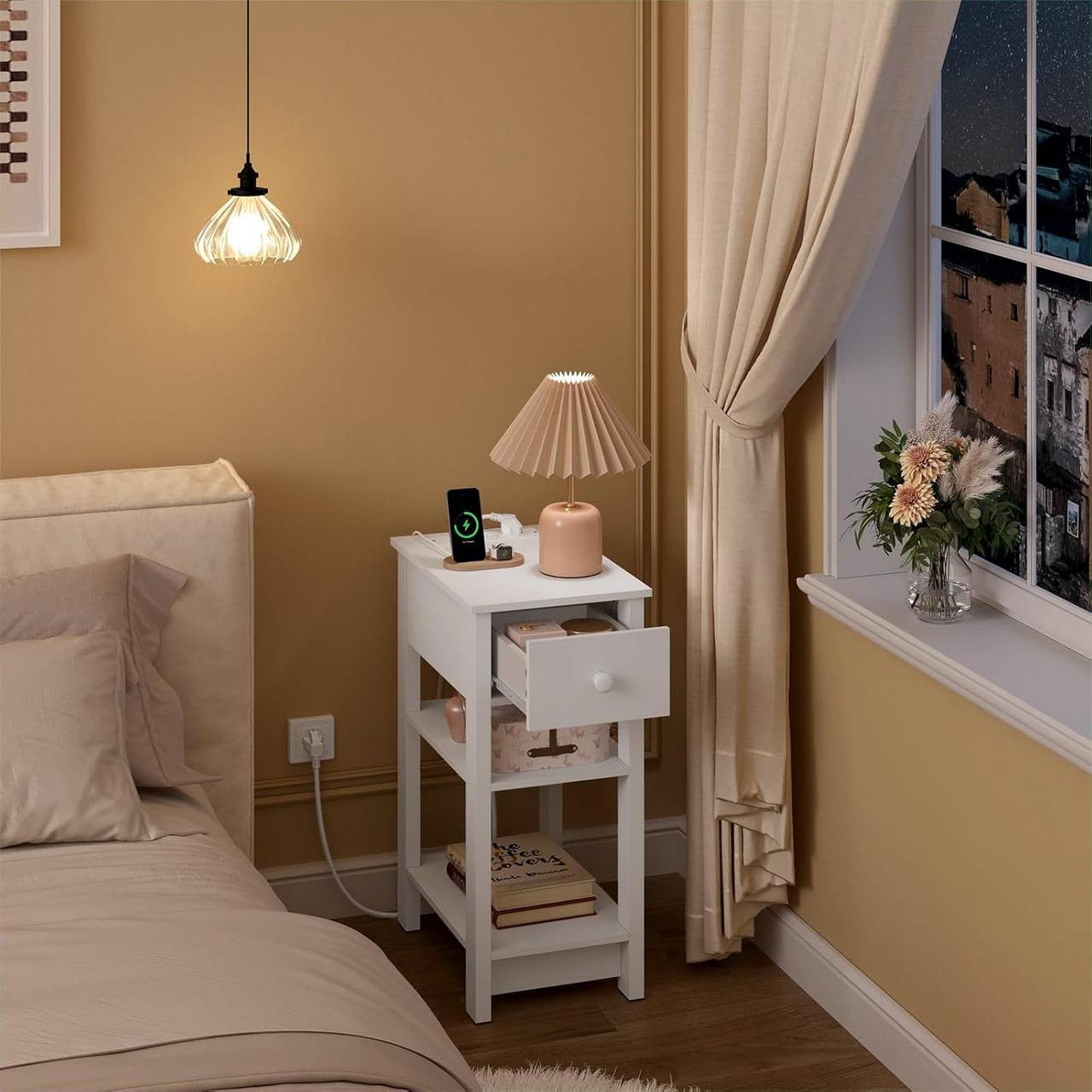 24goodz Nightstand with Charging Function - Space-Saving Design - E1 Wood Material - For Everyone - White - 30x65x45 cm