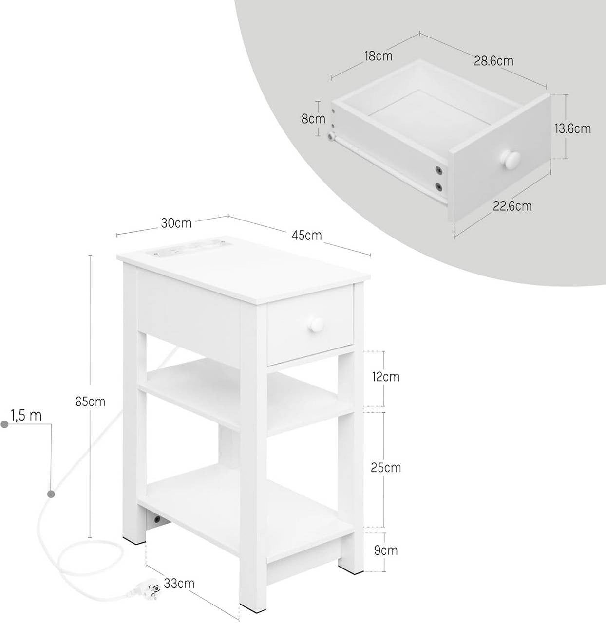 24goodz Nightstand with Charging Function - Space-Saving Design - E1 Wood Material - For All Rooms - White - 30x65x45 cm