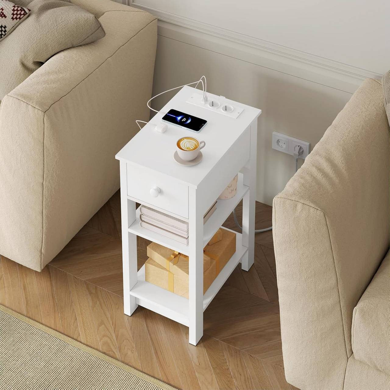 24goodz Nightstand with Charging Function - Space-Saving Design - E1 Wood Material - For Everyone - White - 30x65x45 cm