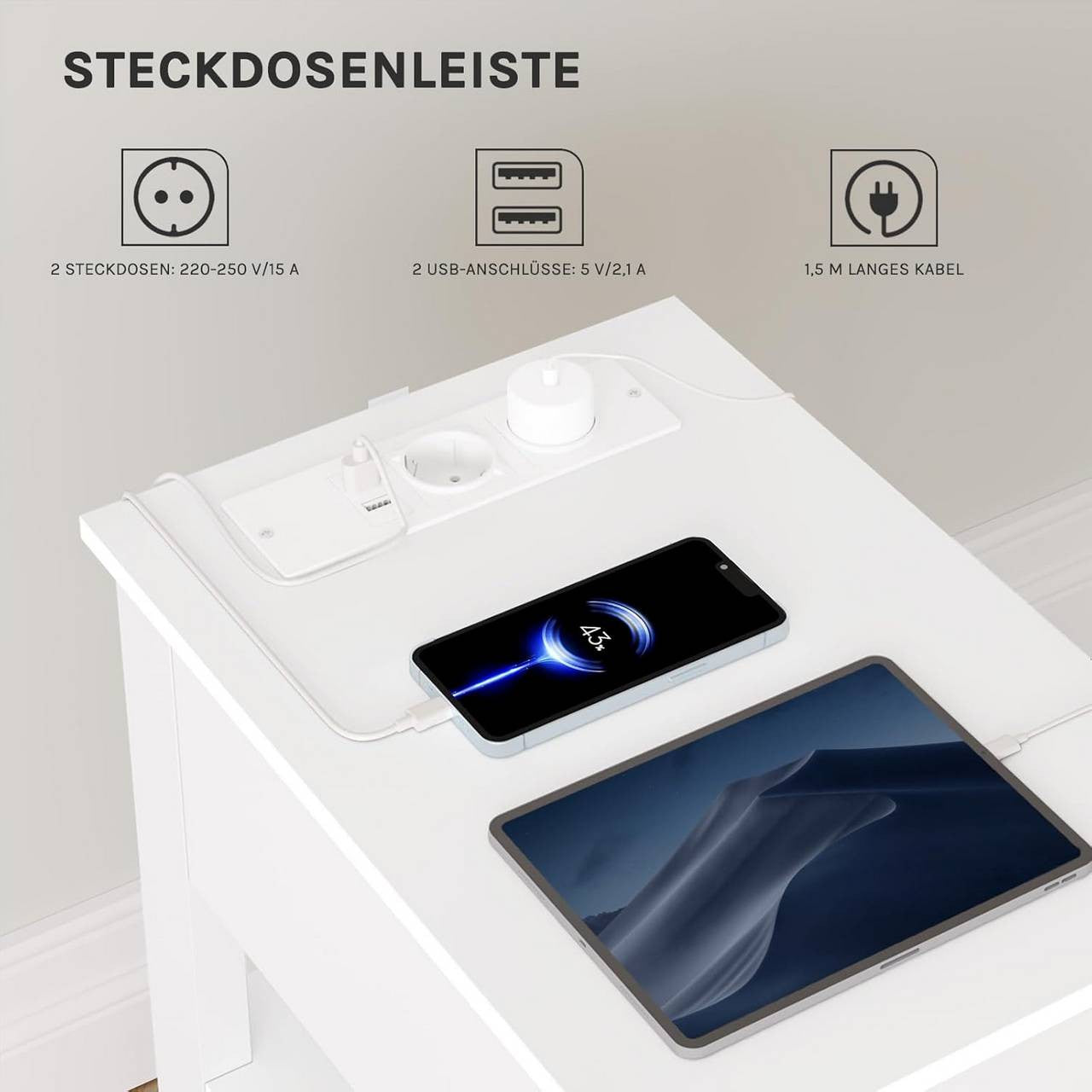 24goodz Nightstand with Charging Function - Space-Saving Design - E1 Wood Material - For Everyone - White - 30x65x45 cm