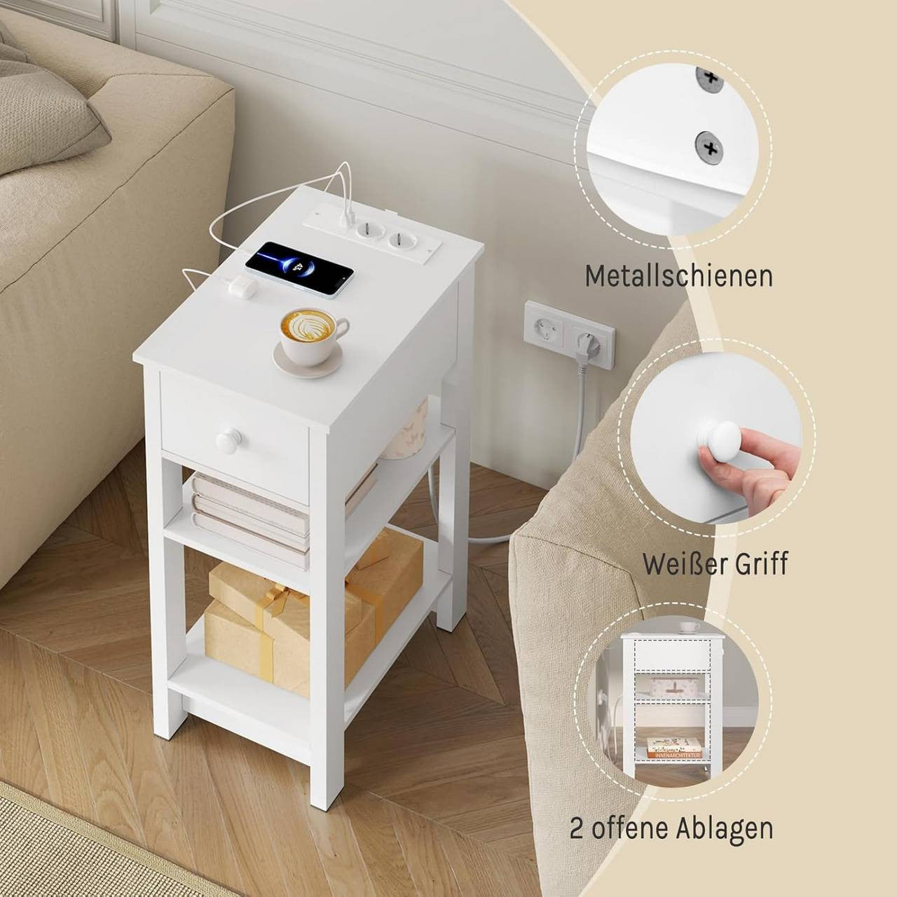 24goodz Nightstand with Charging Function - Space-Saving Design - E1 Wood Material - For All Rooms - White - 30x65x45 cm