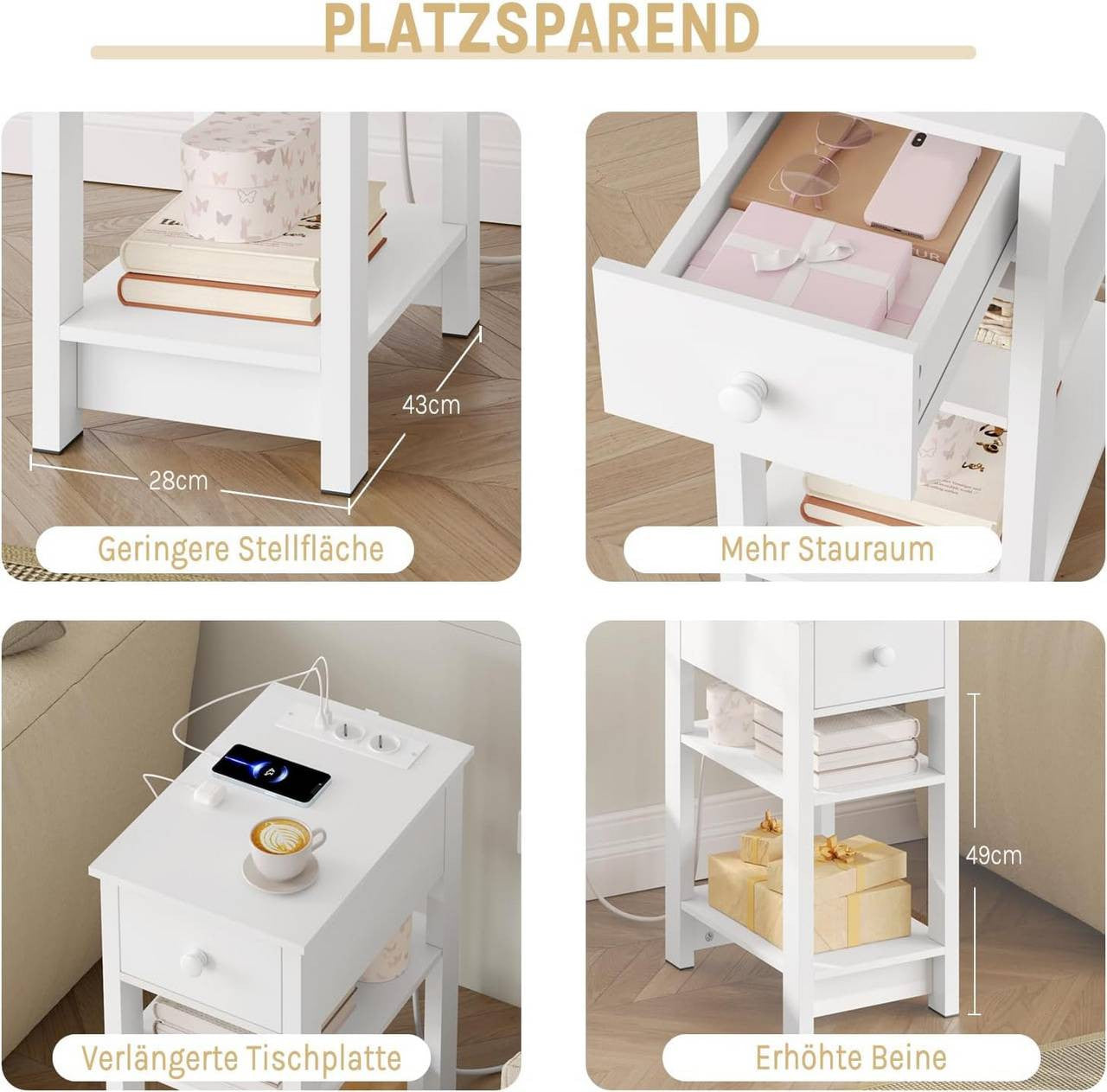 24goodz Nightstand with Charging Function - Space-Saving Design - E1 Wood Material - For All Rooms - White - 30x65x45 cm