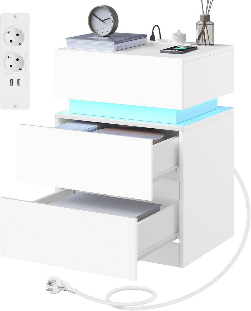 24goodz Nightstand with Charging Function - Adjustable LED Lighting - E1 Quality Wood - For Bedroom and Living Room - White